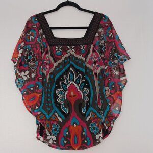 Women's I.N.C. Colorful Hippie Boho Sheer outer w/ Solid black lining Top  Med